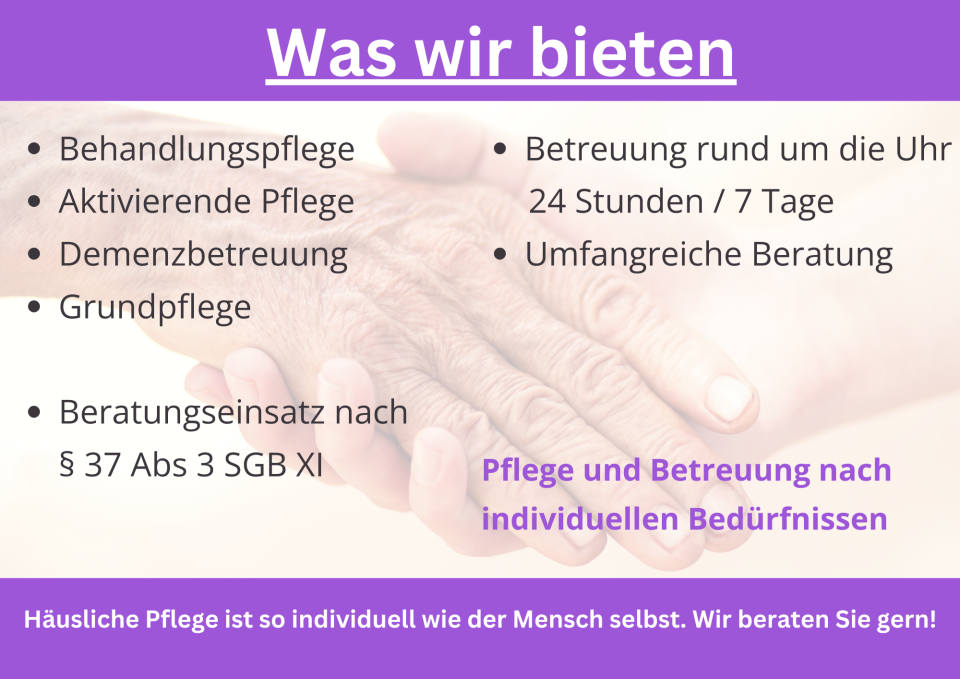 Text mit Informationen zu Pflege- und Betreuungsangeboten. Hände sind im Hintergrund sichtbar.